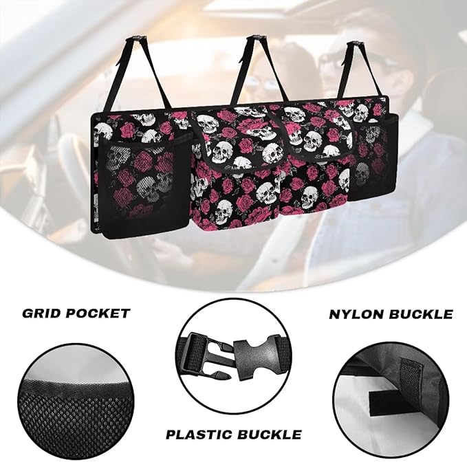 Skull Roses Car Trunk Organizer Bag Hanging Car Back Seat Storage Bag with 4 Pockets Auto Interior Accessories for SUV MPV Sedans Pickup Jeep Trucks