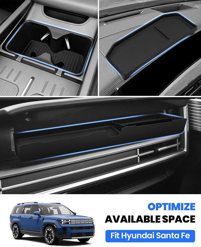 Autorder 3PCS Center Console Organizer for 2024 2025 2026 Hyundai Santa Fe Accessories,Dashboard Storage Box/Cup Holder Insert/Passenger Storage Organizer Tray - TPE Material