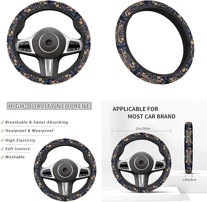Dragonfly Print Car Steering Wheel Cover Sets for Women Moon Flower Auto Interior Accessories Cup Holder Armrest Pad Seatbelt Cushion Fit Vans Trucks,SUV