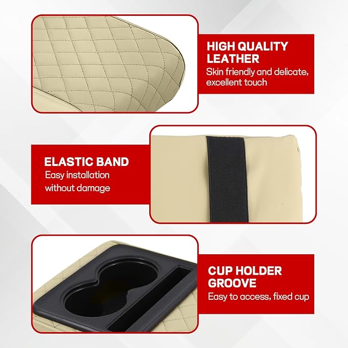 Car Center Console Armrest Pillow, 13.19"×7.87" Leather Car Arm Rest Cover, Memory Foam Auto Armrest Cushion with Cup Holder Phone Slot, Universal Vehicle Middle Console Cushion Pad (Beige)