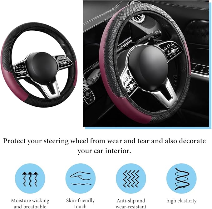 Car Steering Wheel Cover, 15 Inch Anti-Slip Stretch Leather Steering Wheel Protector, Comfortable Breathable Sporty Steering Wheel Cover for Women Men, Car Accessories (Wine Red, AD)