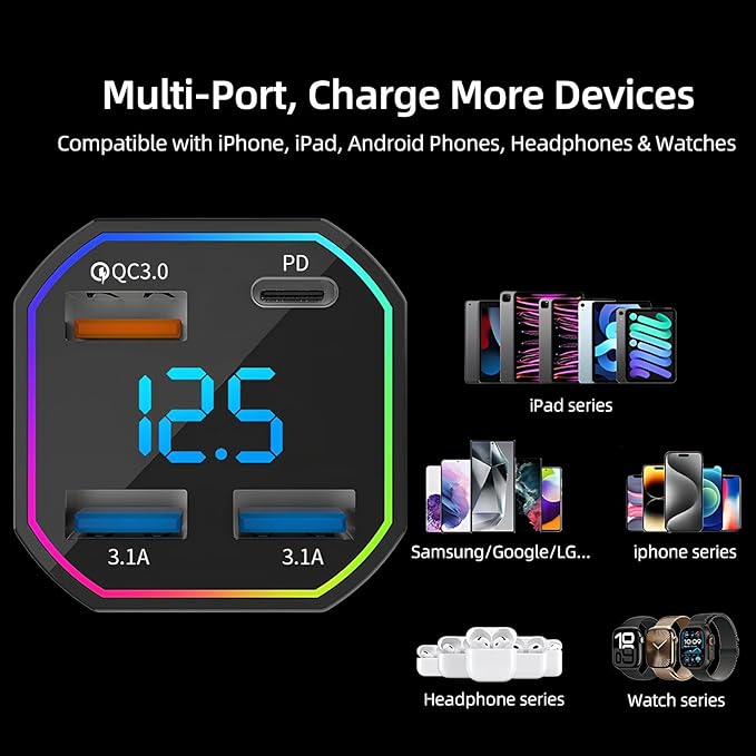 65W USB C Car Charger Adapter 4 Port Fast Charging with QC3.0 & PD2.0, Digital Display, Compatible with iPhone 16–8, Galaxy S25–S8, iPad, Pixel
