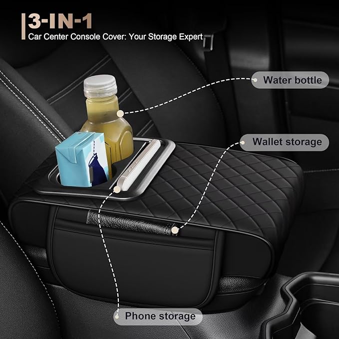 Center Console Cover Fit for RAV4 Faux Leather Car Armrest Cushion with Storage Bags, Cup Holder ＆ Phone Storage Multifunctional Middle Console Cover(Black)