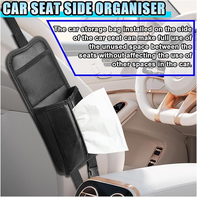 2-in-1 Tissue Holder Car Seat Storage Hanging Bag- Multi-Function Water Bottle Holder Bag Car Seat Side Organizer for Phone & Drink- Large Cup Holder Auto Stuff Holder with Mesh Pocket for Cars(Black)