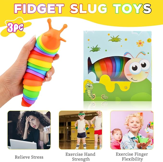 Cevioce Fidget Slug Toy, Sensory Slug Fidget Toys for Kids & Adults, 3Pcs Autism Sensory Toys for Autistic Children Toddlers，Asmr Toys-3 4 5 6 7 8+ Year Old Girl Boy Birthday Gifts