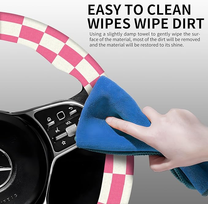 Elastic Car Steering Wheel Cover, Universal 16 inch Non-Slip Breathable Neoprene Steering Wheel Protector, Car Accessories for Women Men Fit Auto, Suvs, Truck Pink Checkerboard
