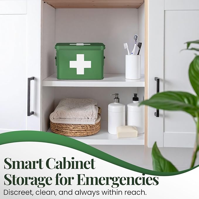 Flexzion Medicine Box, Home Pharmacy Box, 33 x 21 x 19 cm, Metal Medication Storage for Emergency, First Aid Cabinet, with Side Handles, Removable Tray & 5 Compartments, Green