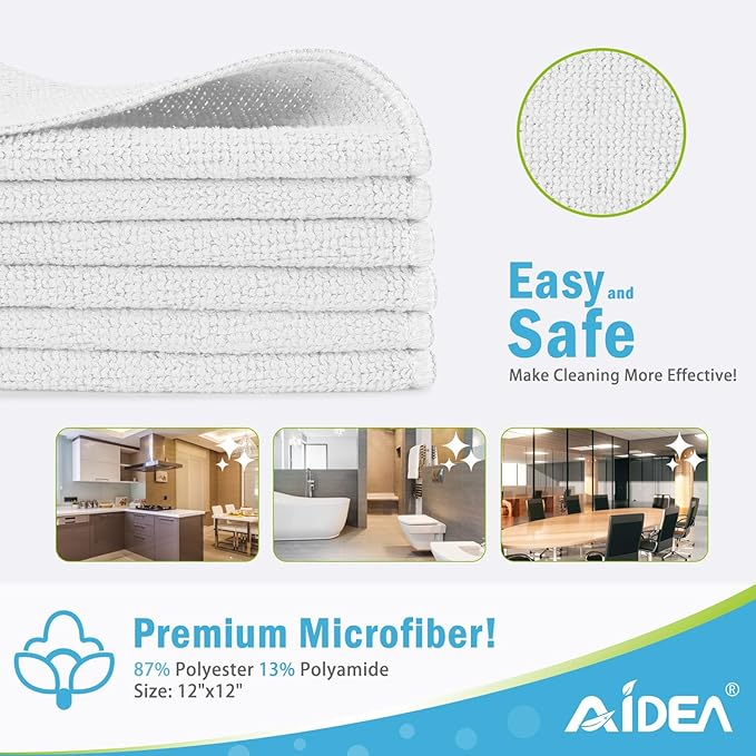 AIDEA Microfiber Cleaning Cloth White 100PK, Soft Microfiber Towels for Cars, Absorbent Cleaning Rags, Lint-Free Streak-Free Wash Cloths for House, Kitchen, Window, 11.5"×11.5"
