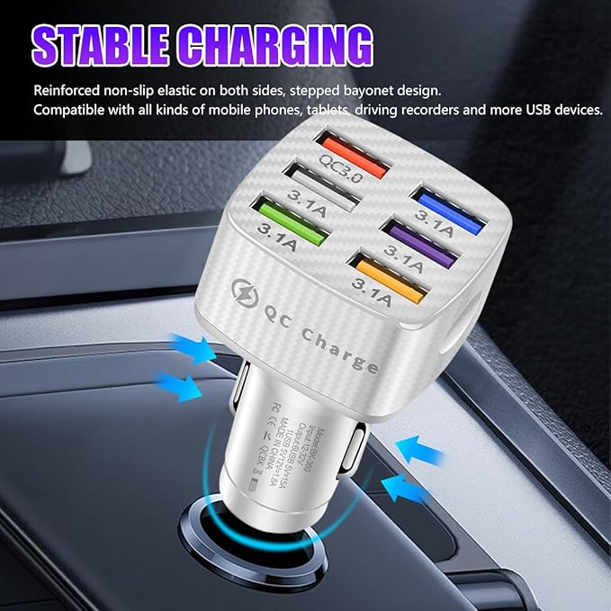 Augeny Car Charger Adapter, 6 USB Multi Port Fast Charger, Include QC 3.0 and 5 Other Ports, Auto Quick Charging Adapter for Most Cell Phones, Interior Car Accessories for SUV Truck (White)
