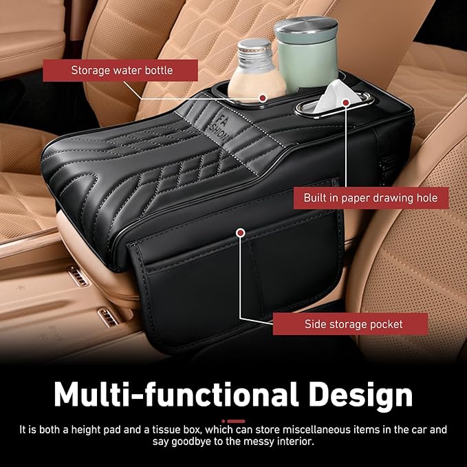 Car Center Console Booster Cover, Multifunctional Car Interior Arm Rest Box Storage Cushion with Cup Holder, Tissue Box, Side Pockets, Leather Memory Foam Armrest Pillow Protection (Black)