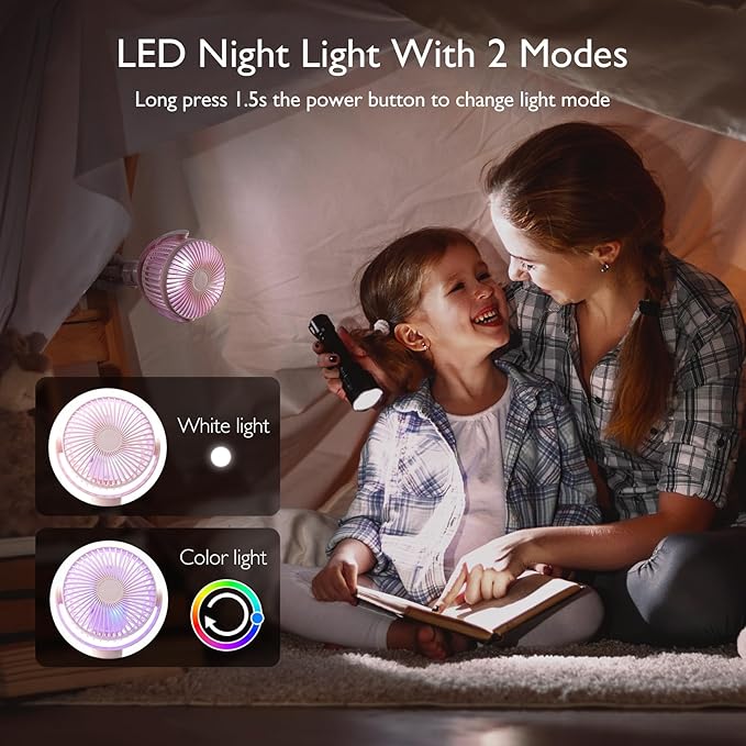 Momcozy 8000mAh Portable Stroller Fan, 27H Ultra-long Battery Life Detachable 4 Speed 360°Rotate LED Night Light with 2 Modes, USB Rechargeable Handheld Cooling Fan for Travel/Car Seat/Bedroom