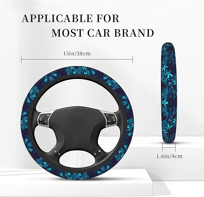 Polynesian Teal Tribal Leaf Floral Car Steering Wheel Cover for Women Men Stretch Cloth Anti-Slip Wrap Protector Case Fit Universal Auto Accessories Decor Sweat Absorption 14-15 Inch