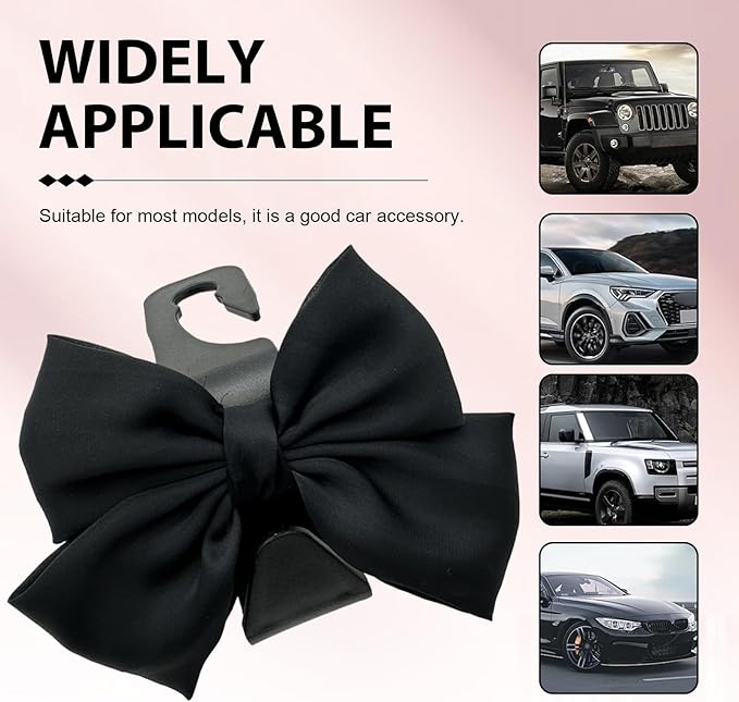 2PCS Car Seat Headrest Hooks, Cute Bow Purse Hook for Car, Vehicle Rear Seat Storage Hooks Hanger for Bag, Umbrellas, Purses, Universal Auto Interior Decorating Accessories (Satin-Black)
