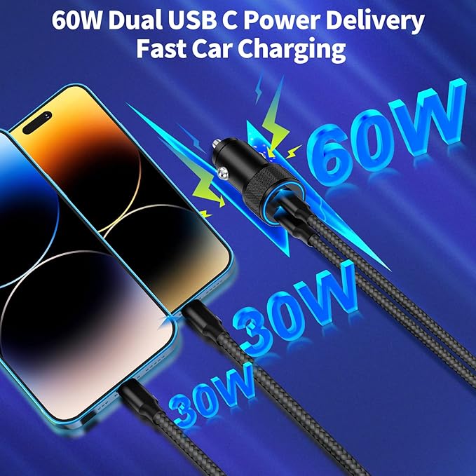 【MFi Certified】iPhone Car Charger Fast Charging, Linocell 60W Dual USB C Car Power Cigarette Lighter Car Carplay Charger with 2Pack Type C to Lightning Braided Cable for iPhone 14 13 12 11 Pro XS iPad