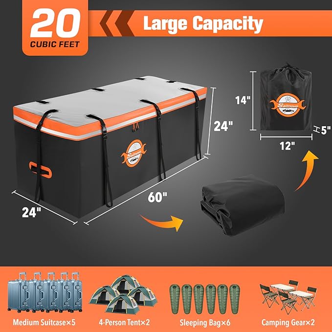 Sailnovo Hitch Cargo Carrier Soft Shell Bag Waterproof 20 Cubic Feet Cargo Bag for Hitch Carrier, PVC Trailer Hitch Storage Bag with 8 Reinforced Straps & Combination Lock & Storage Bag