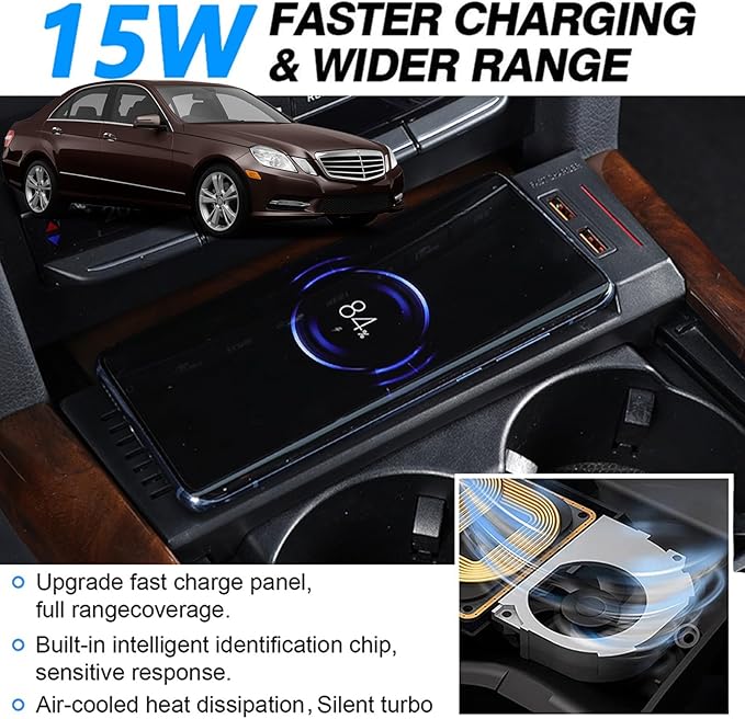 Wireless Car Charger for Mercedes-Benz E Class 2010 2011 2012 2013 2014 2015, OEM Custom Fit Fast Charging Phone Charger Pad for Mercedes Benz (W212) E-Class E200 E260 E300 Accessory