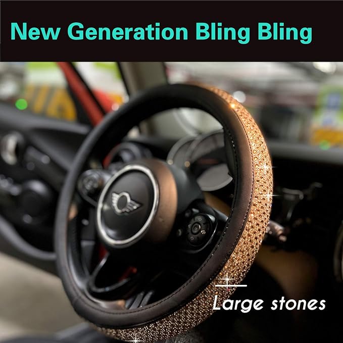 PINCTROT Large Size Bling Comfy Steering Wheel Cover with Jumbo Crystal Rhinestones, Anti-Slip Diamond Leather, 15.5-15.75 Inch (Gold)