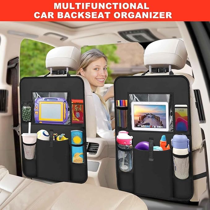 2 Pack Backseat Car Organizer, Seat Back Storage Bag with Touch Screen Tablet Holder Waterproof Seat Back Protectors Kick Mats for Kids Toddlers.