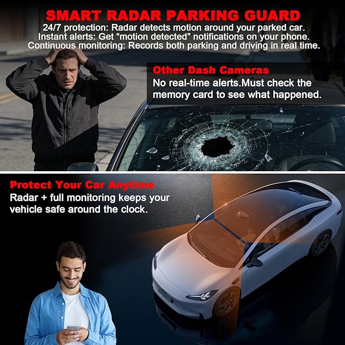 4G LTE Dash Cam with Live Streaming, Car Vandalism Surveillance Security Camera with Dual 155° Front & 180° Inside Camera, GPS Tracking, Radar Detect, G-Sensor, OBD II, 24/7 Parking Monitor