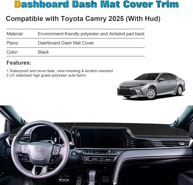 x xotic tech Center Console Dashboard Mat Compatible with Toyota Camry 2025 2026 with HUD, Pre-Cut Non-Slip Sunshield Sun Glare Protector Dash Carpet Pad Black Cover