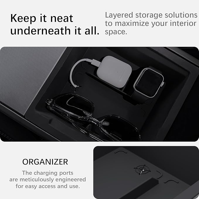 Center Console Organizer Tray for Model Y Juniper 2025 2026 & Model 3 Highland (2024-2026), Double-Layer Sliding Hidden Armrest Storage Box, Tesla Accessories (Matte Black)
