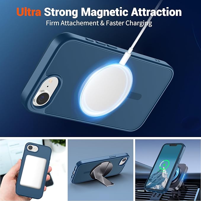 SUPFINE Magnetic for iPhone 17e Case/iPhone 16e Case with Screen Protector (Compatible with MagSafe)(Military Grade Drop Protection) Translucent Matte with Anti-Fingerprint Phone Case,Deep Blue