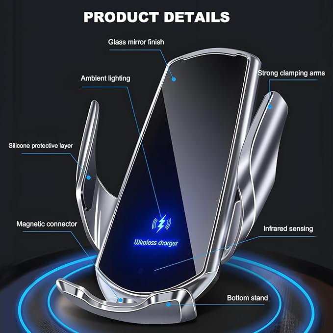 Wireless Car Charger, 15W Fast Charging Mount Electric Induction Car Phone Holder, Universal Auto-Clamping Magnetic Charger Air Vent Mount Bracket for Most Smartphones (Black)