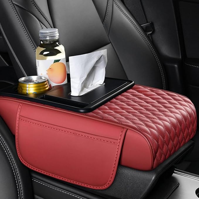 Car Center Console Armrest Pad, Arm Rest Box Cushion with Ergonomic Height Boost, Storage Pockets, Built-in Tissue Box, Cupholder, Fit for Most Sedan Vehicles (Embroidery Water Ripple, Burgundy)