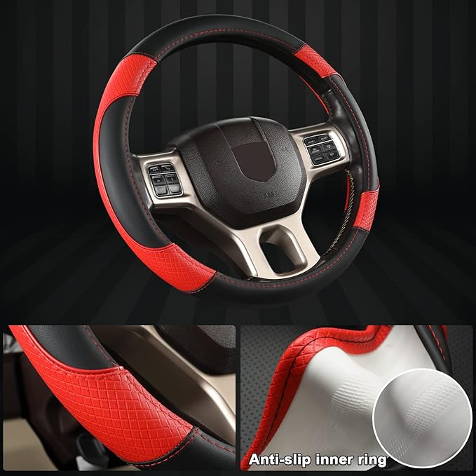 GIANT PANDA Car Steering Wheel Cover for Dodge Ram 1500 2500 3500 15.5-16 inches - Black+Red