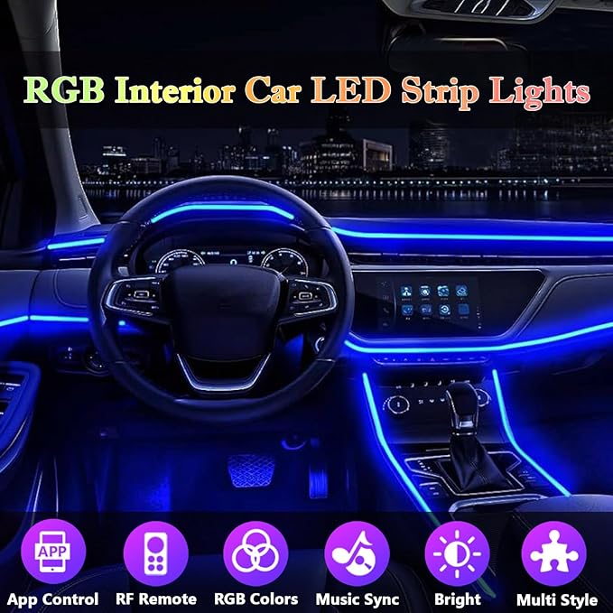 DEHERANE Interior Car LED Strip Lights, RGB 6 in 1 Ambient Lighting Kits with 315 inches Fiber Optic, 16 Million Colors Car Interior Lights with Wireless APP and Remote Control, Sync to Music