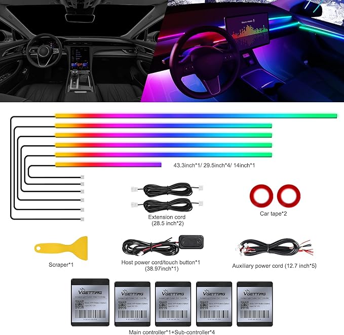 Dreamcolor Acrylic Interior Car LED Strip Light with Wireless APP, RGB 6 in 1 with 175 inches 593 LEDs Fiber Optic Strip Lights for Car, Music Sync Neon Car Ambient Neon Lighting Kits