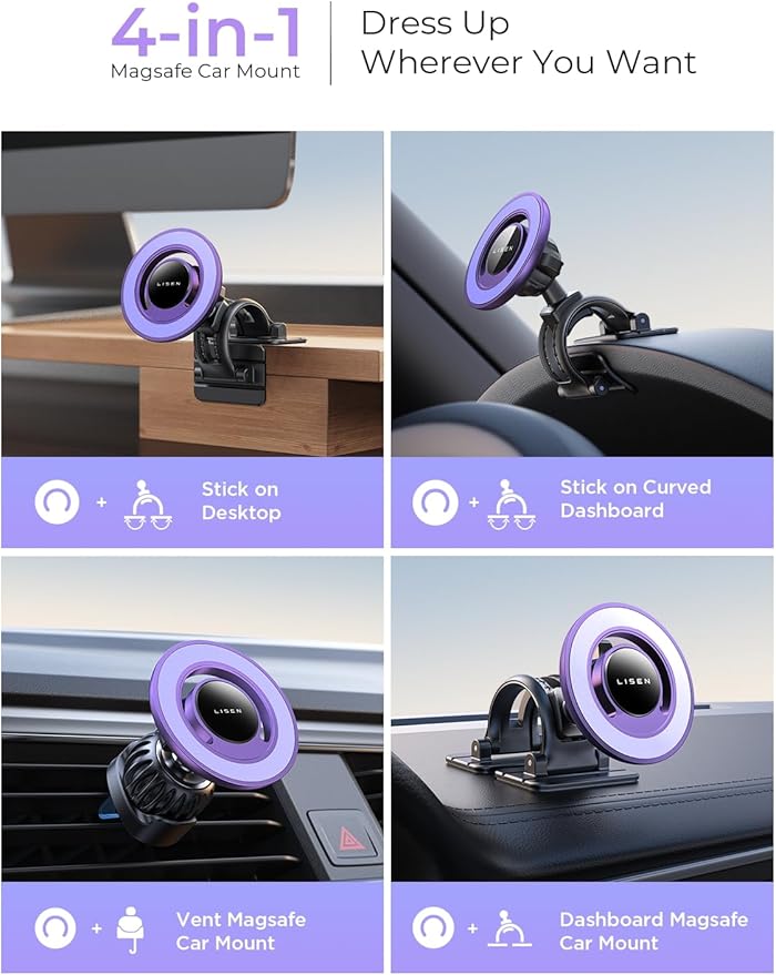 LISEN Fits MagSafe Car Mount Car Phone Holder,Strong Magnetic Phone Holder for Car Magsafe, Dashboard Vent iPhone 16 Car Mount Holder Car Accessories for iPhone 16 15 14 13 12 Pro Max,Purple