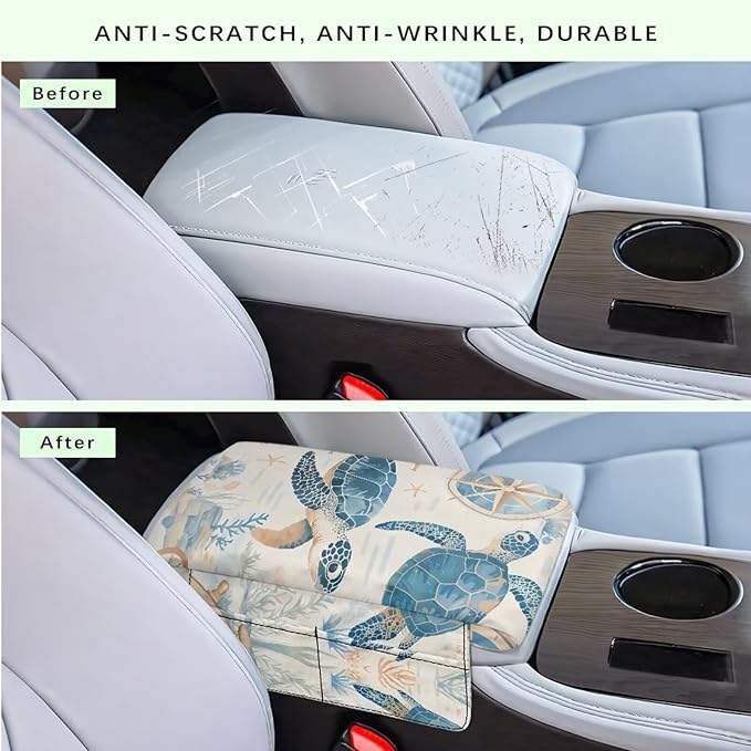 Car Armrest Cover with Pockets, Auto Center Console Pad, Turtle Print Arm Rest Seat Box Protector Car Interior Accessories for Women Men, Fit Most Vehicle,Truck,SUV