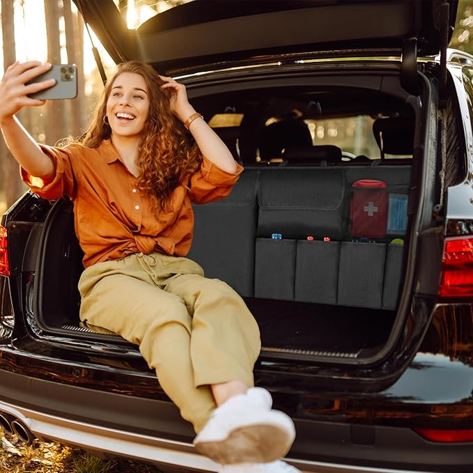 Car Trunk Organizer, Backseat Hanging Organizer with Storage Pockets for SUV, Truck, Van, Collapsible Trunk Organization for Car Accessories (Black, 43" x 18.5")