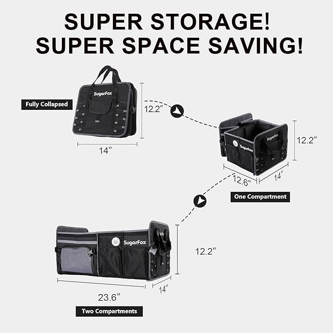 SugarFox Bold Color Block Trunk Organizer, Foldable with 26L Ice Pack,95L Dedicated Shoe Space, Stylish for SUV/Car (Black, Midsize)