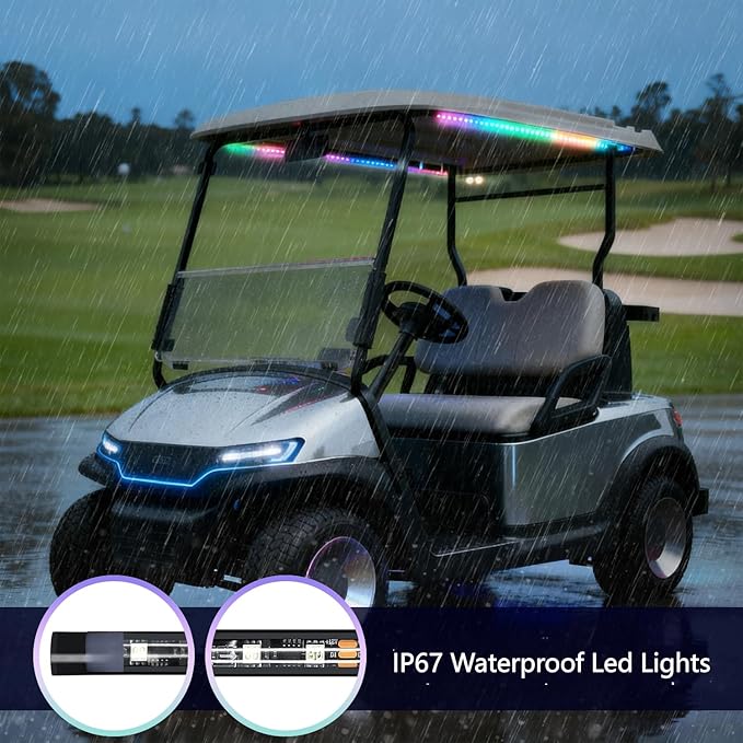 2 Pcs RGB+IC Golf Cart Canopy Lights Strip, 12V-80V Dream Color Chasing Golf Cart Roof Light with Remote and APP Control, Voltage Reducer Included, Music Sync for EZGO Yamaha Club Car