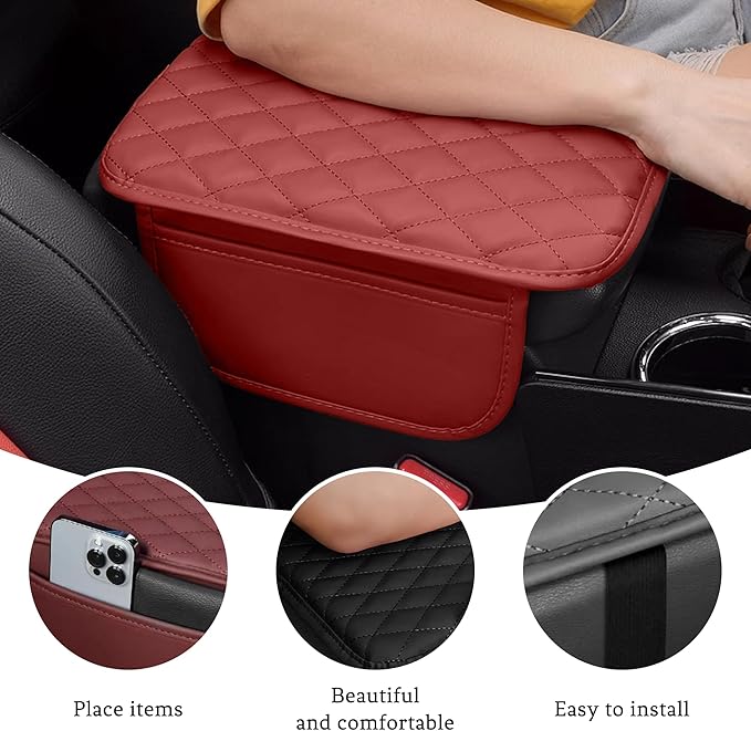 Car Center Console Cover, Universal Center Console Protector Pad with Soft Microfiber Leather & 2 Storage Pockets, Non-Slip Cushion for Car SUV Truck Interior Accessories (Red)