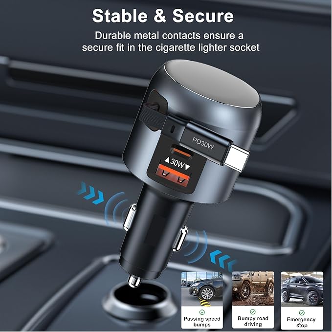 60W Retractable Car Charger, 3-in-1 USB-C Fast Charging Cigarette Lighter Adapter with Built-in Retractable Cable, Compatible with iPhone 16/15 Pro Max, Galaxy S25, iPad(Black)