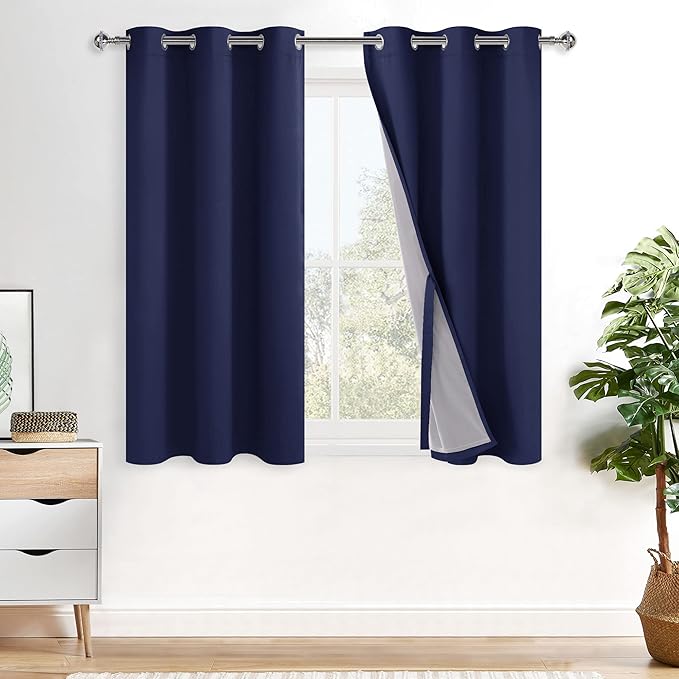 XWZO 100% Blackout Curtains 54 Inches Long with Tiebacks- Heat and Full Light Blocking, Thermal Insulated Window Panels with Grommets for Bedroom/Nursery, Navy Blue, W42 x L54, Set of 2 Draperies