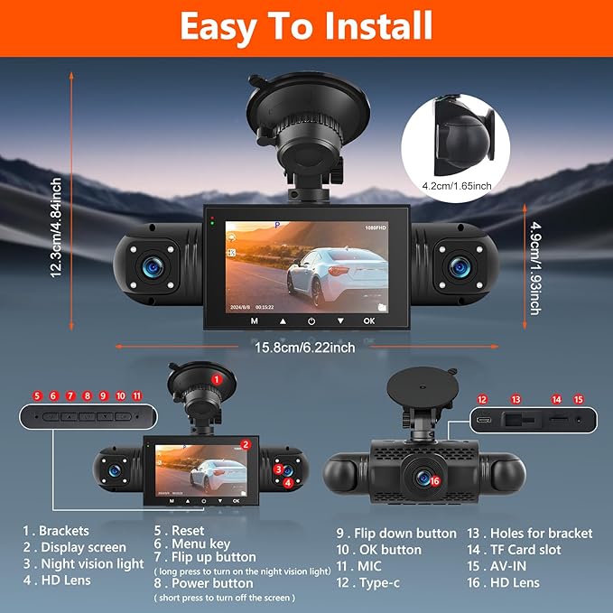 Podofo 360° Dash Cam Front and Rear Inside,4 Channel 3" IPS Touchscreen Dash Cam Front and Rear Inside Left Right,4*1080P Dash Camera with 8 IR Night Vision,Loop Recording,G-Sensor,24 Hours Recording