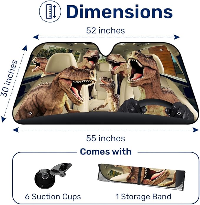 GENANY T-Rex Dinosaur Family Funny Windshield Sun Shade for Car SUV Truck (55x30 Inches), Sun Shade for Front Windows, Protector Blocks UV, Spring Car Decor