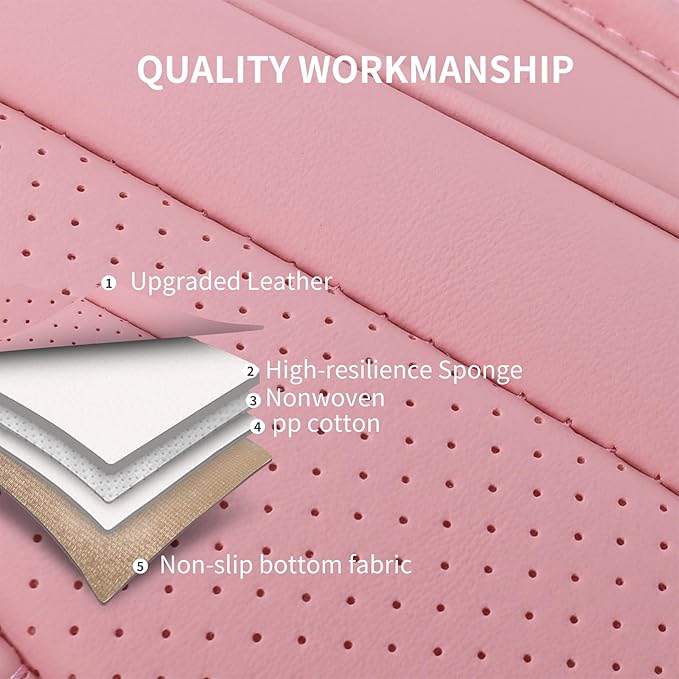 Nappa Leather Car Seat Covers Full Set, Pink Car seat Protector 5 Seats, Waterproof Car Seat Cushion, Universal Automotive Seat Covers Fit for SUV Truck Pick-up Sedan, Front and Rear