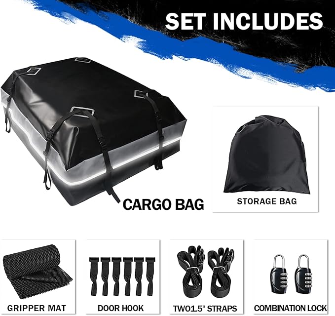 Car Rooftop Bag Cargo Carrier Bag 21 Cubic Feet Waterproof Heavy Duty for All Cars with/Without Rack Including Anti-Slip Mat 2 Luggage Locks 2 Extra Straps 6 Strong Nylon Straps Storage Bag