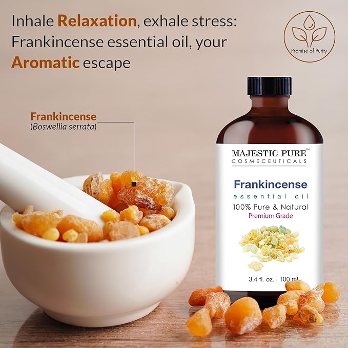 Majestic Pure Essential Oil with Glass Dropper - 100% Pure and Natural - Essential Oils for Diffuser, Aromatherapy, Soap and Candle Making, Frankincense Essential Oil, Frankincense Oil, 3.4 Fl Oz