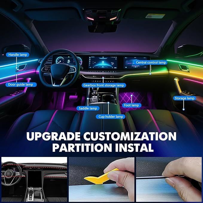 2026 Upgraded Acrylic Interior Car LED Strip Light Dual-Zone Wireless App, 2 in 1 with 43.3inch + 9.8inch Fiber Optic Strip Lights, Dynamic Chasing Music Sync Neon Car Ambient Lighting Kits