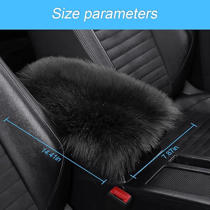 Furry Auto Center Console Cover Pad, 11.8"x7.8" Soft Sheepskin Wool Armrest Cushion, Fluffy Vehicle Armrest Seat Box Protector Warm in Winter, Car Interior Accessories for Women and Men (Black)