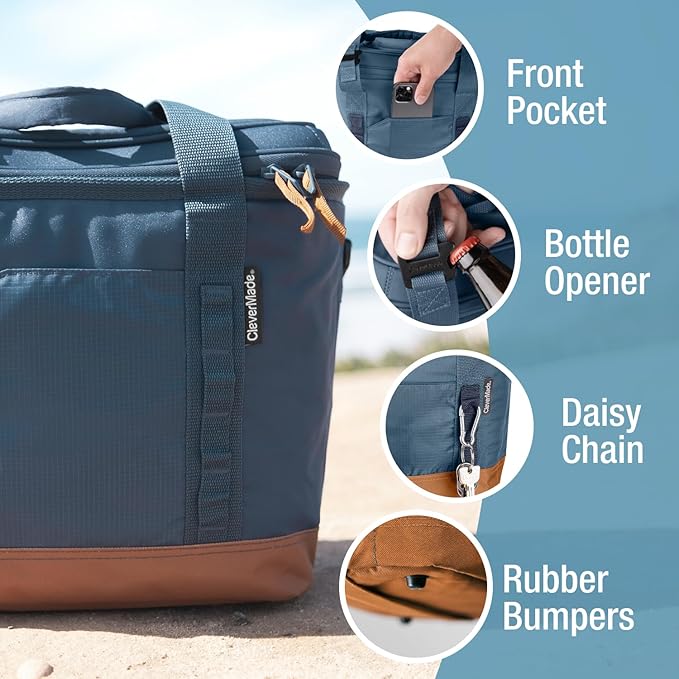 CleverMade Collapsible Insulated Cooler Bag – Leakproof Soft Cooler for Beach, Travel, Car – Bottle Opener