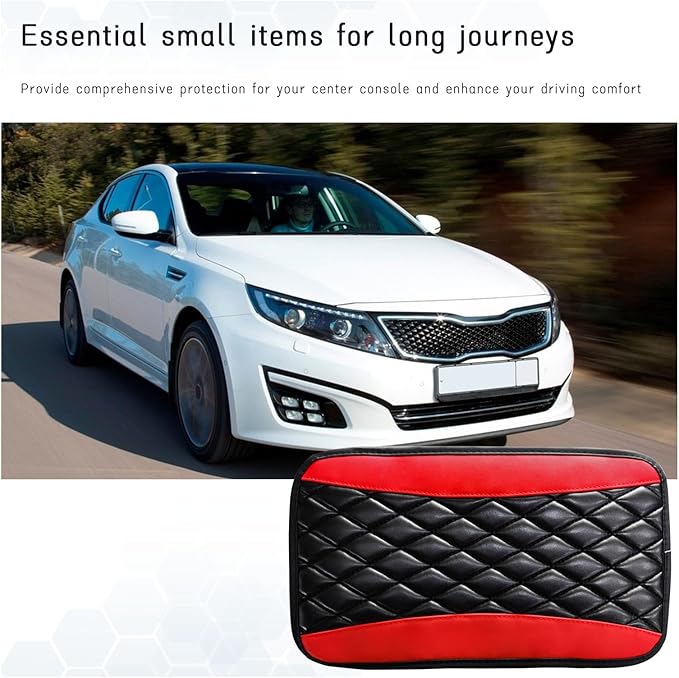 Car Center Console Cushion Pad, Universal Leather Waterproof Armrest Seat Box Cover, Comfortable Auto Armrest Cover Protector, Car Interior Decor Accessories for Most Vehicles (Black & Red)