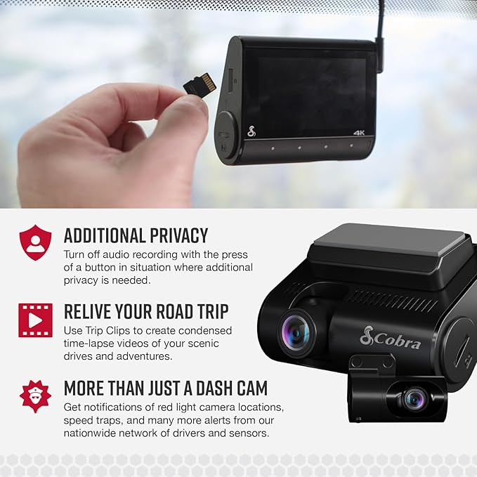 Cobra Smart Dual View Front and Rear Dash Cam (SC 250R) – True 4K Resolution, 360 Alerts, Parking Live View, Incident Reports, Emergency MayDay, 32 GB SD Card Included, CarPlay & Android Auto