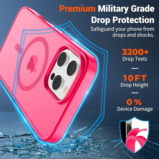 SUPFINE Magnetic for iPhone 16 Pro Case (Compatible with MagSafe) (Military Grade Drop Protection) Slim Translucent Matte Shockproof with Anti-Fingerprint Phone Case,Hot Pink